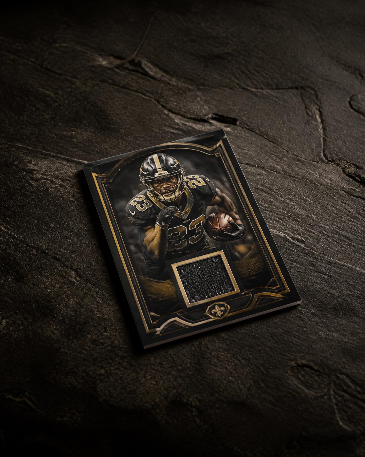 A trading card staged as an editorial presentation on dark stone